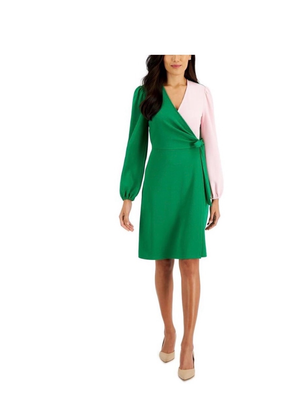 Kasper Green and Pink Long-Sleeve Wrap Dress
